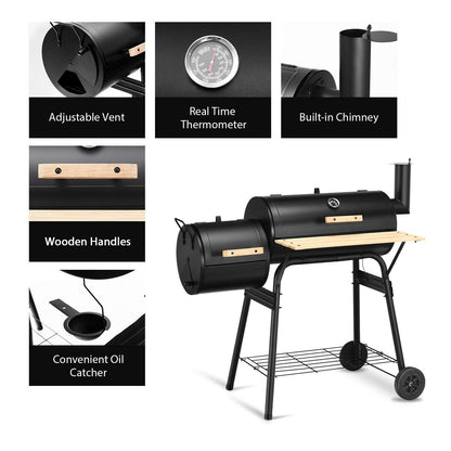 Giantex BBQ Charcoal Grill with Offset Smoker, Thermometer and Adjustable Damper, Meat Cooker Smoker for Backyard Family Gathering and Outdoor Picnic, 2 Moveable Wheels, 2 Shelves and Wooden Handles - CookCave