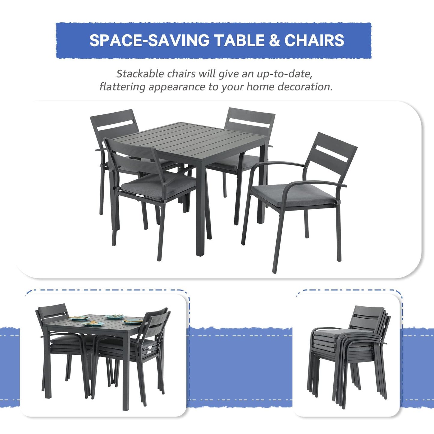 Soleil Jardin Aluminum 5 Piece Outdoor Furniture Dining Set, Patio Dining Furniture Set with 35" Square Table and 4 Stackable Chairs for Garden, Backyard, Dark Grey Finish & Grey Cushion - CookCave