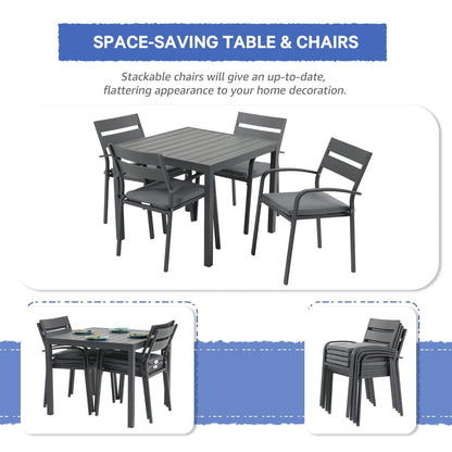 Soleil Jardin Aluminum 5 Piece Outdoor Furniture Dining Set, Patio Dining Furniture Set with 35" Square Table and 4 Stackable Chairs for Garden, Backyard, Dark Grey Finish & Grey Cushion - CookCave