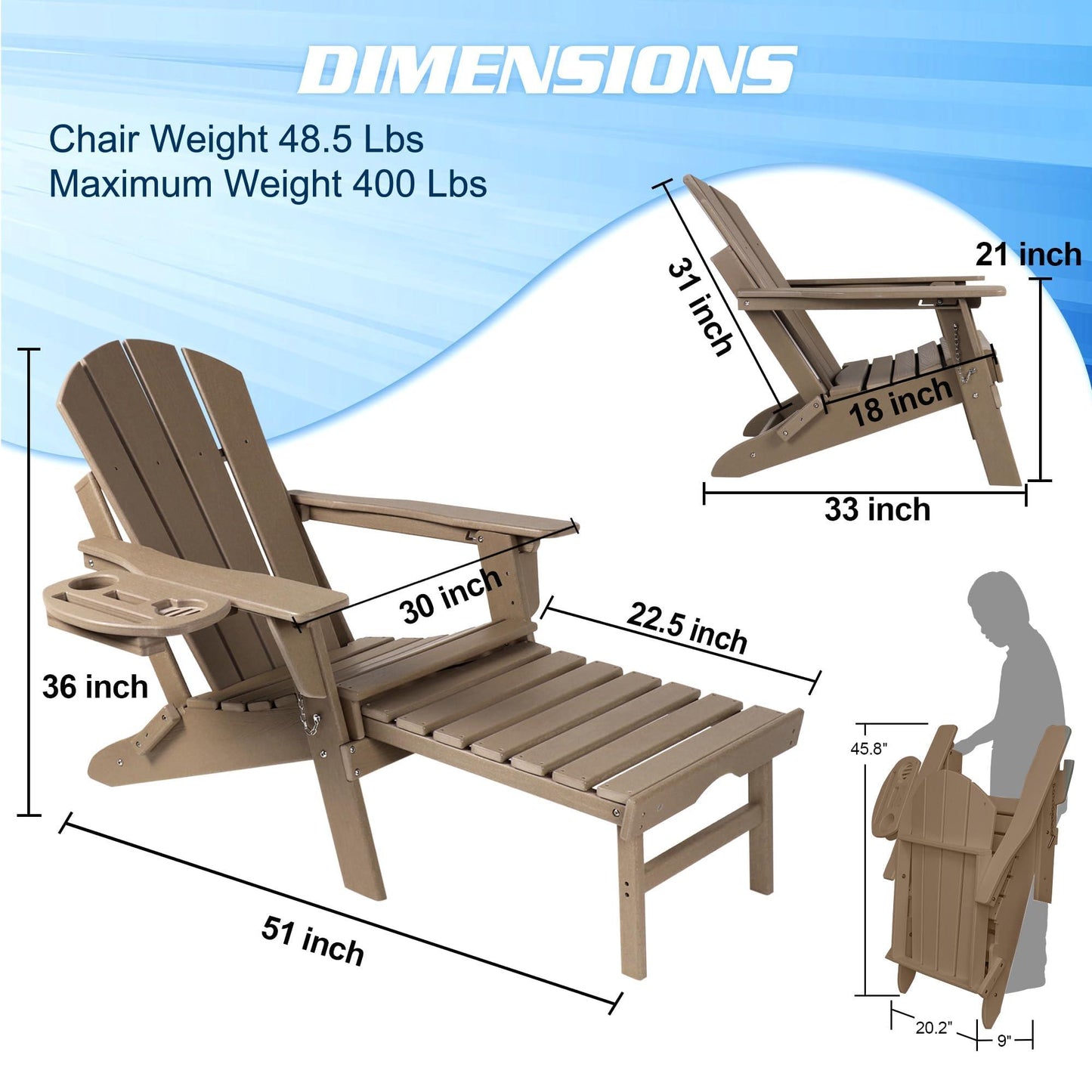 NAVINE Adjustable Backrest Adirondack Chair Set of 2, Folding Adirondack Chairs, Plastic Adirondack Chairs with Ottoman with 4 in 1 Cup Holder Trays for Deck, Terrace, Patio, Poolside. (Brown) - CookCave