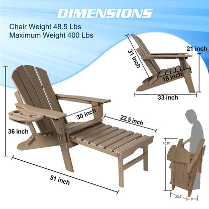 NAVINE Adjustable Backrest Adirondack Chair Set of 2, Folding Adirondack Chairs, Plastic Adirondack Chairs with Ottoman with 4 in 1 Cup Holder Trays for Deck, Terrace, Patio, Poolside. (Brown) - CookCave