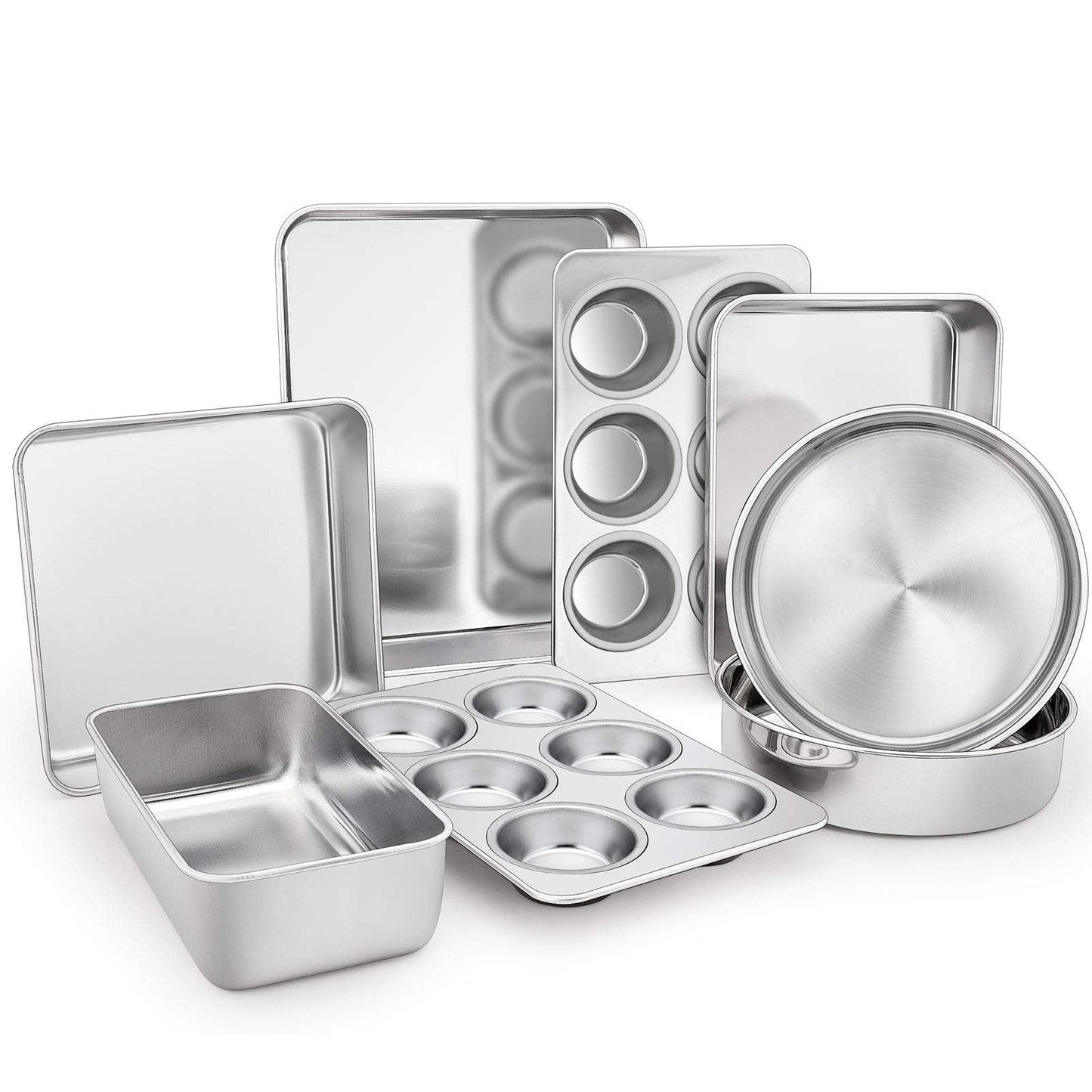 TeamFar Stainless Steel Bakeware Set of 8, Baking Roasting Toaster Oven Pans, Lasagna/Square/Round Cake Pan, Loaf Pan & Muffin Pan, Non-Toxic & Durable, Smooth & Dishwasher Safe - CookCave