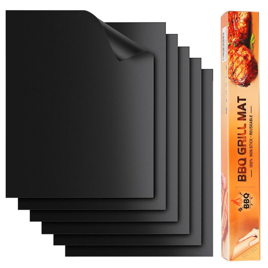 SKYBD Grill Mats for Outdoor Grill, 100% Nonstick Teflon BBQ Grill Mat Baking Mats, Reusable and Easy to Clean, (Set of 6), Works on Gas, Charcoal, Electric Grill 15.8 x 13-Inch, Black - CookCave