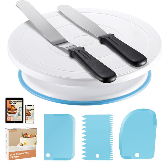 Kootek Cake Decorating Kit Baking Supplies Cake Turntable with 2 Frosting Straight Angled Spatula 3 Icing Smoother Scrapers Baking Accessories Tools for Beginners and Pros, Blue - CookCave