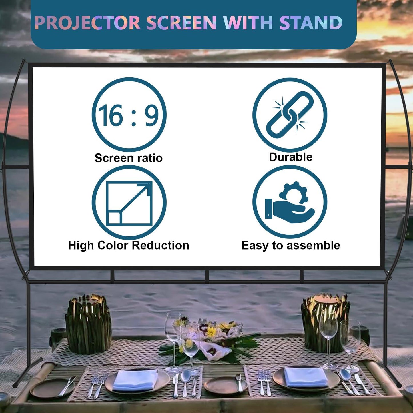 Projector Screen with Stand, 100 inch Outdoor Projector Screen, Portable Projector Screen with Carry Bag, 16:9 4K Rear Front Movie Screen for Home Backyard Theater - CookCave