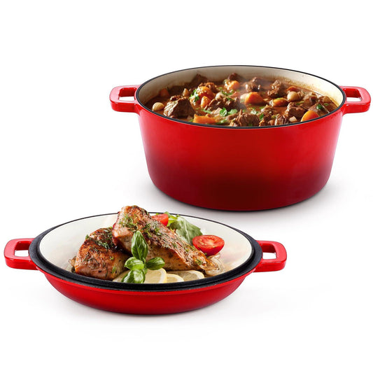 HaSteeL 2 in 1 Enameled Cast Iron Dutch Oven, 5 QT Pot & 2 Quart Skillet Lid Pan, Non-Stick Cookware Multi Cooker for Bread Baking Cooking Stewing, Suit for All Cooktops, Dual Handles & Oven Safe, Red - CookCave