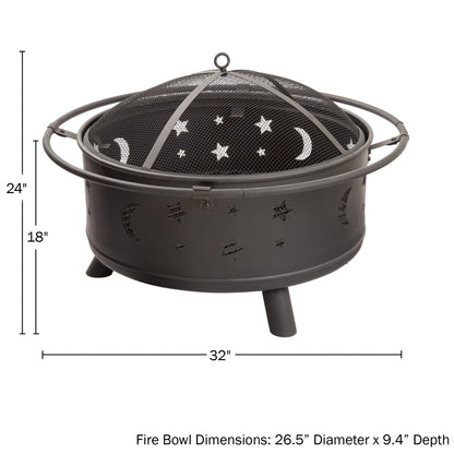 Fire Pit Set, Wood Burning Pit - Includes Screen, Cover and Log Poker- Great for Outdoor and Patio, 30 inch Round Star and Moon Firepit by Pure Garden - CookCave