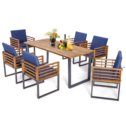 Tangkula 7 Piece Patio Dining Set, Acacia Wood Dining Chair & Table Set, 69” Spacious Tabletop with Umbrella Hole, Heavy-Duty Metal Support, Dining Set for Backyard, Poolside (Navy) - CookCave