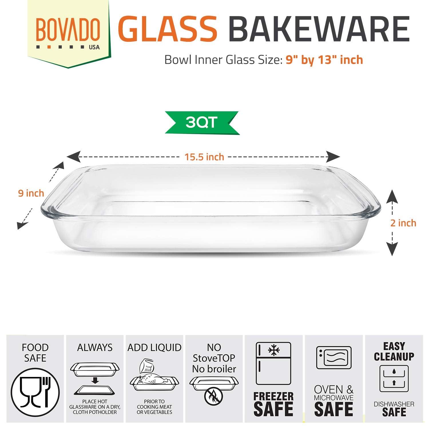 Bovado USA 9" x 13" Inch Glass Oven Baking Dish | High-Grade Borosilicate Glass | 3 Qt Capacity | Nonstick, Dishwasher Safe, Freezer-to-Oven Casserole Pan | No Lid - CookCave