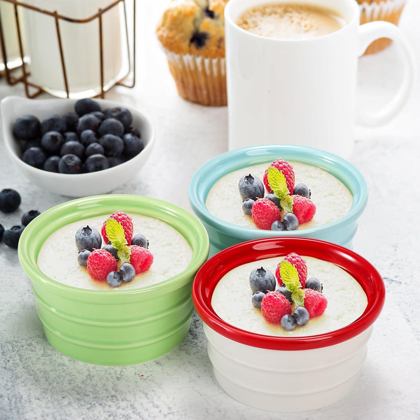 Okllen Set of 12 Ceramic Souffle Dishes, 6 oz Creme Brulee Ramekins, Custard Cups Oven Safe Ramekins Bowls for Baking Souffle, Pudding, 4 Color - CookCave