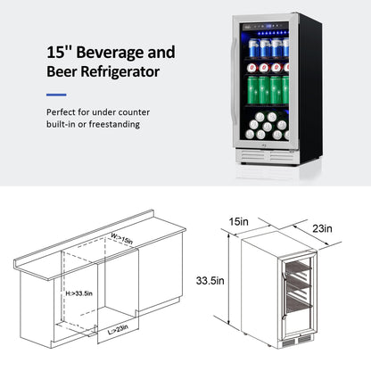 Velivi 15 Inch Beverage Refrigerator and Cooler - 125Cans Capacity Mini Beer Drink Fridge with Glass Door and Lock Under Counter Built-in or Freestanding - for Soda, Beer, Wine - for Home Bar Kitchen - CookCave