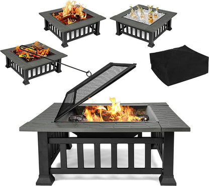 4-in-1 Fire Pit Table for Outside, 32'' Fire Pit Grill Outdoor Wood Burning with Fire Poker,Lid&Rain Cover,Square Bonfire Pits Stove for Camping Patio BBQ Balcony Beach Backyard Heating - CookCave