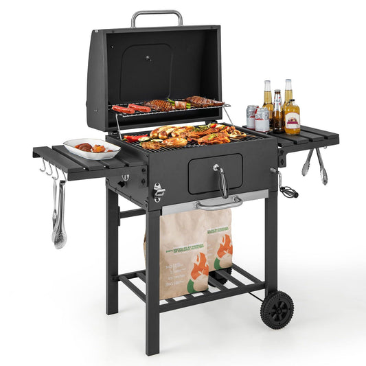 Giantex 24-Inch Charcoal Grill - 2 Foldable Side Tables, Bottom Storage Shelf, 8 Hooks, Adjustable Charcoal Tray, Pull-out Ash Tray, Outdoor BBQ Grill for Family Gatherings Backyard Party Camping - CookCave