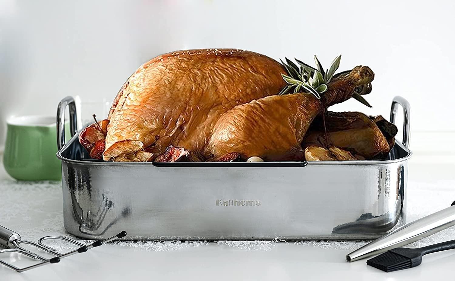 Kaiihome Roasting Pan with Nonstick Rack - 16 inch Stainless Steel Rectangular Turkey Pan with Non-stick U-Shaped Rack, Turkey Roaster Pan for Thanksgiving Party - CookCave