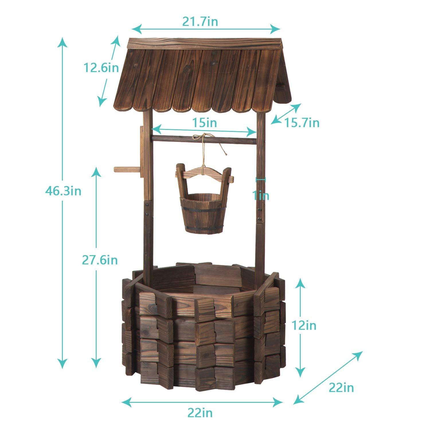 Aoxun Wooden Wishing Well Planter with Hanging Bucket for Flower and Plants Indoor and Outdoor, Rustic Flower Planter Patio Garden Ornamental, Home Decor, Brown - CookCave