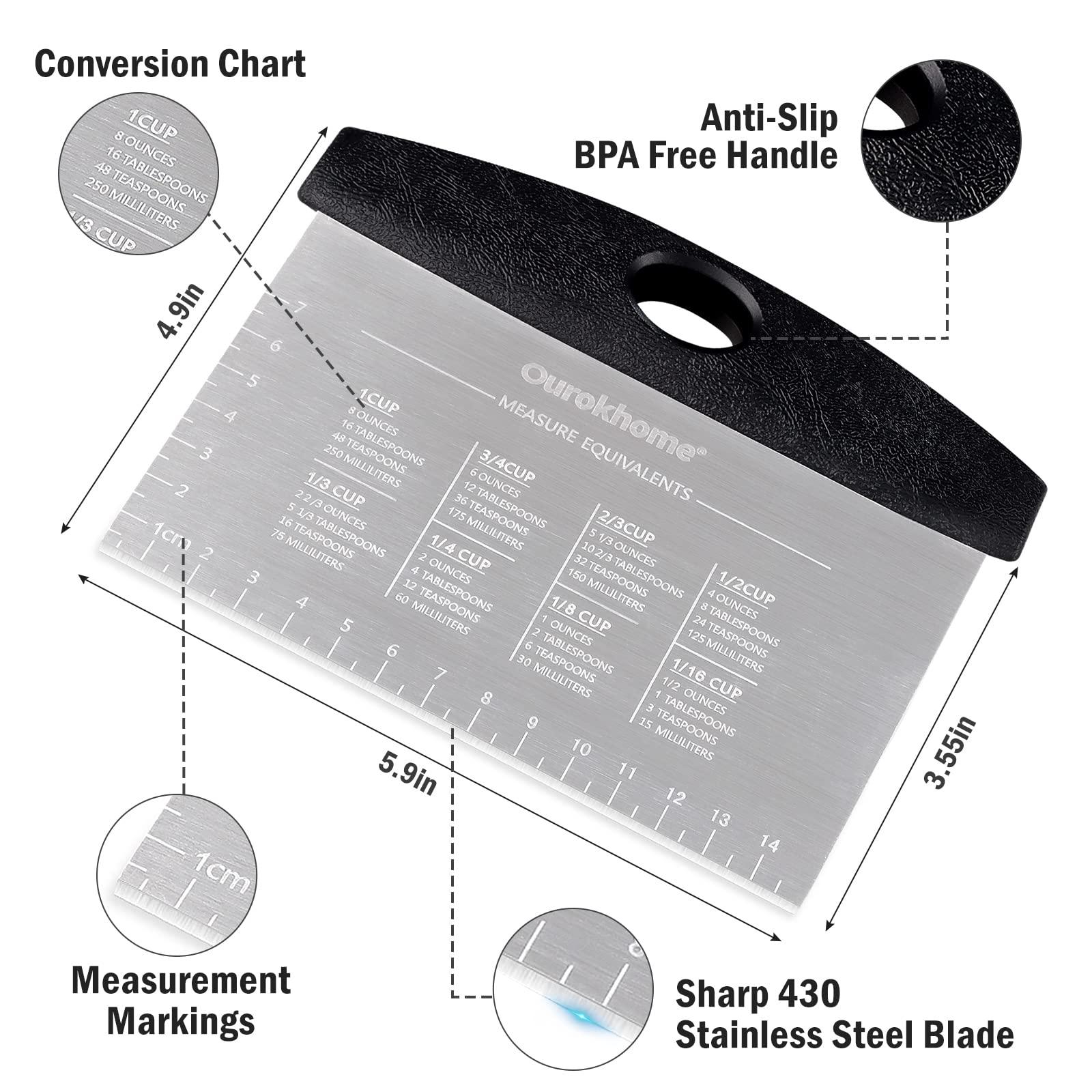 Ourokhome Dough Pastry Bench Cutter Scraper, Stainless Steel Pizza Cutter for Kitchen Baking, Dishwasher Safe, Anti-Wear Laser-Engraved Measuring Scale and Conversion Chart, 2 Pack, Black - CookCave