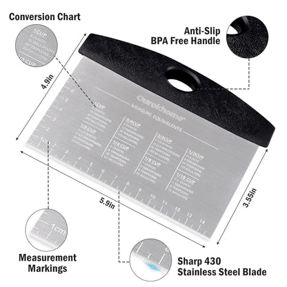 Ourokhome Pastry Dough Bench Cutter Scraper, Stainless Steel Pizza Cutter, Anti-Wear Laser-Engraved Measuring Scale and Conversion Chart, Anti-Slip Handle, Dishwasher Safe, 2 pack (Black and Red) - CookCave