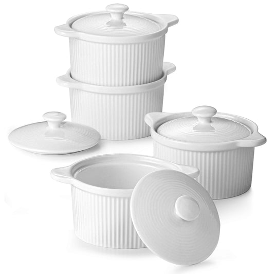 DOWAN Ramekins with Lids 7 oz Oven Safe, Porcelain White Ramekins with Handles for Creme Brulee, Souffle Dish, Soup, Ramekins set with Cover for Baking, Set of 4, White - CookCave