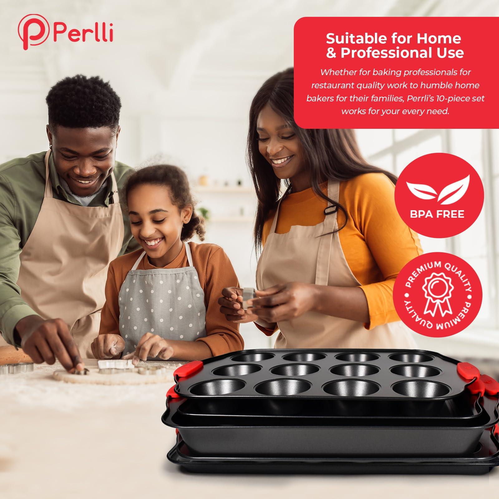 Perlli Baking Pan 10 Piece Set Nonstick Carbon Steel Oven Bakeware Kitchen Set with Silicone Handles, Cookie Sheets, Round Cake Pans, Square Pan, Loaf Pan, Roasting Pan, Pizza Crisper, Muffin Pans - CookCave