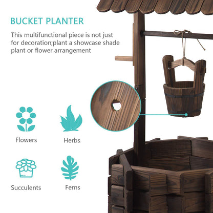 Aoxun Wooden Wishing Well Planter with Hanging Bucket for Flower and Plants Indoor and Outdoor, Rustic Flower Planter Patio Garden Ornamental, Home Decor, Brown - CookCave