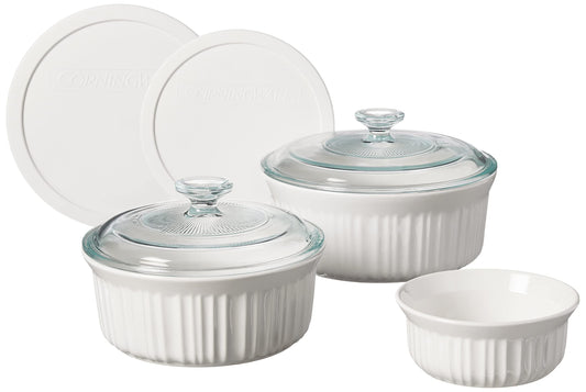 CorningWare French White 7-Pc Ceramic Bakeware Set with Lids, Chip and Crack Resistant Stoneware Baking Dish, Microwave, Dishwasher, Oven, Freezer and Fridge Safe - CookCave