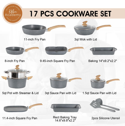 Kitchen Academy Induction Cookware Set - 17 Piece Gray Cooking Pan Set, Granite Non-Stick Pots and Pans Set - CookCave