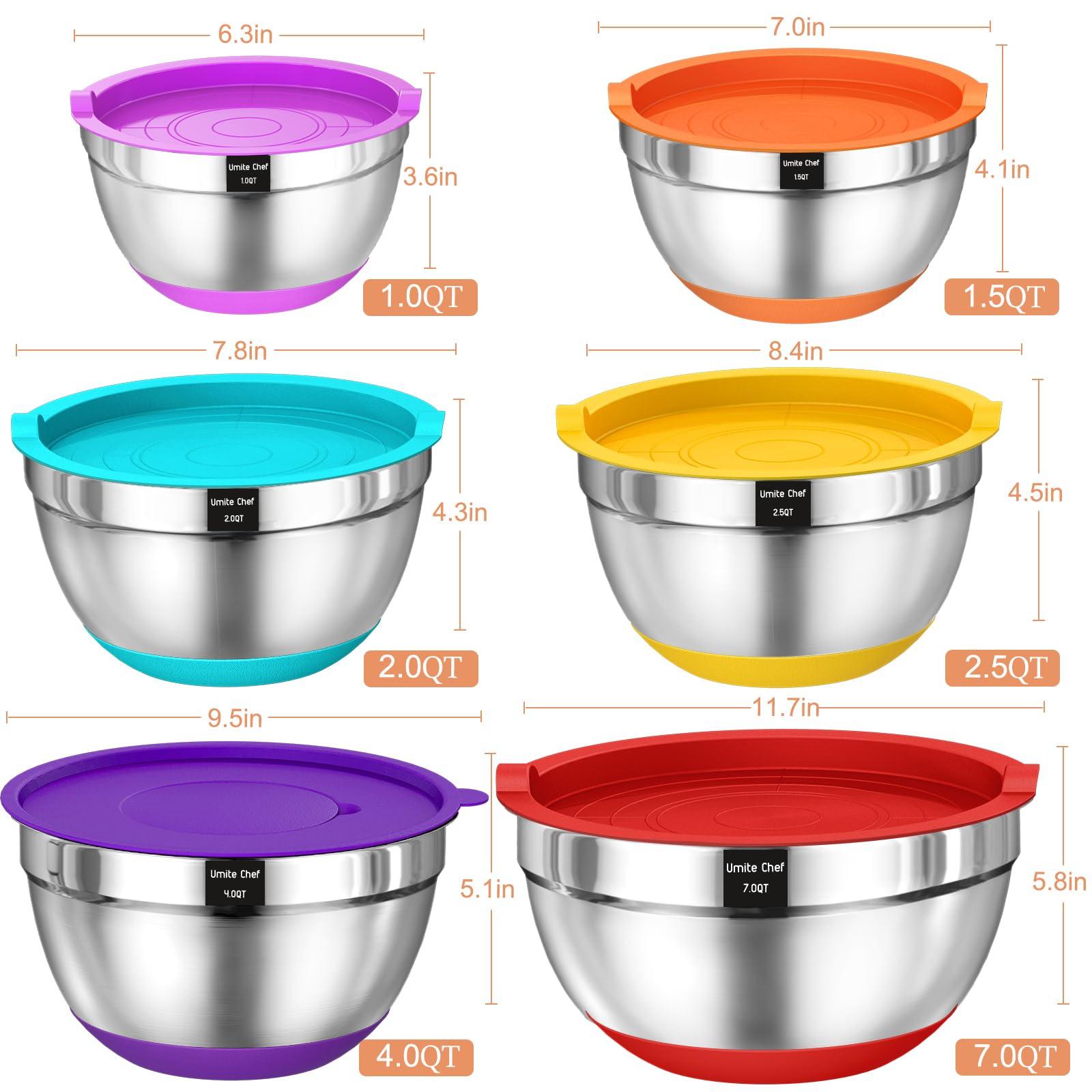 Umite Chef Mixing Bowls with Airtight Lids, 26Pcs Stainless Steel Bowls Set, 3 Grater Attachments & Colorful Non-Slip Bottoms Size 7, 4, 2.5, 2.0,1.5, 1QT, Great for Mixing & Serving - CookCave