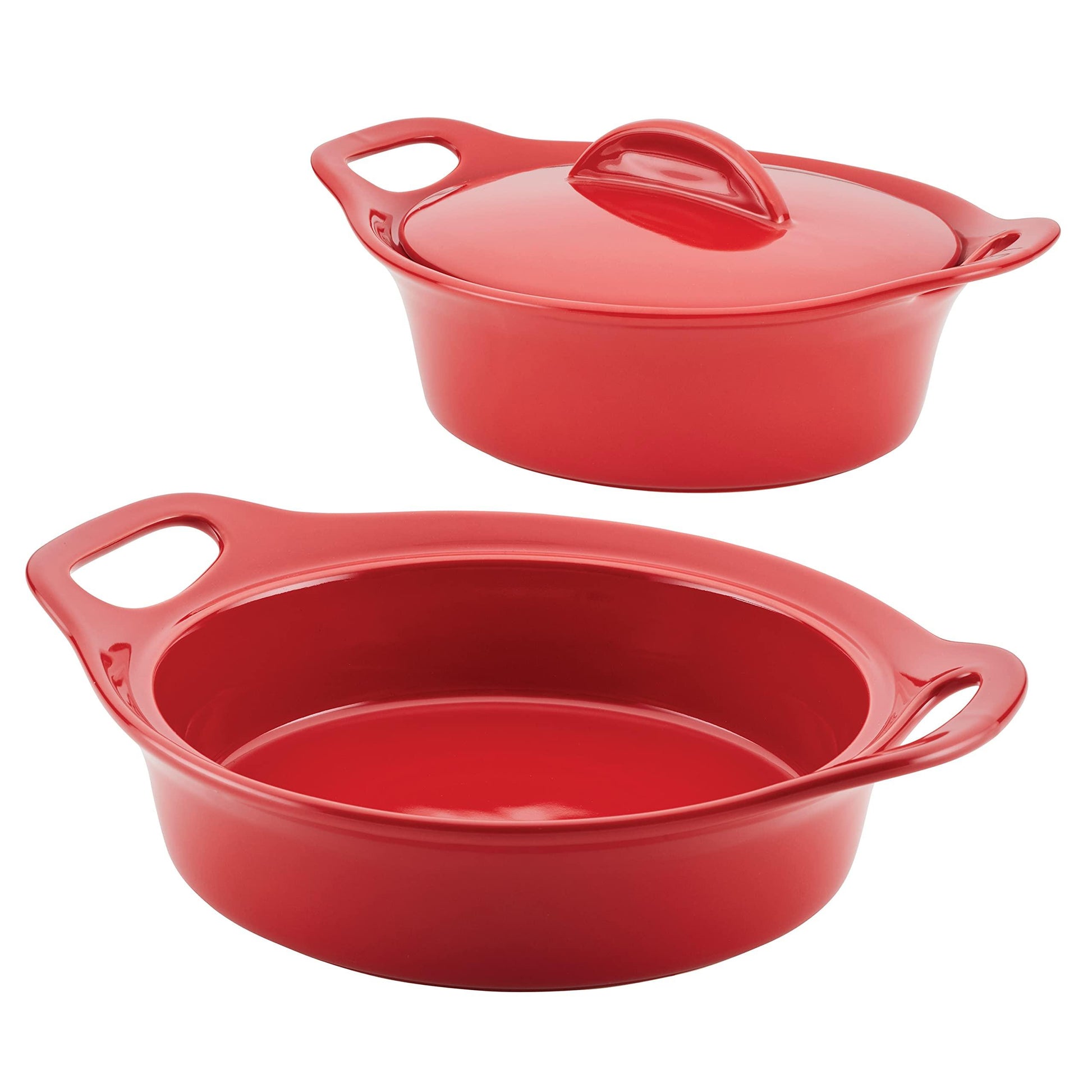 Rachael Ray Solid Glaze Ceramics Casserole Bakers/Baking Dish with Shared Lid Set, 3 Piece, Red - CookCave