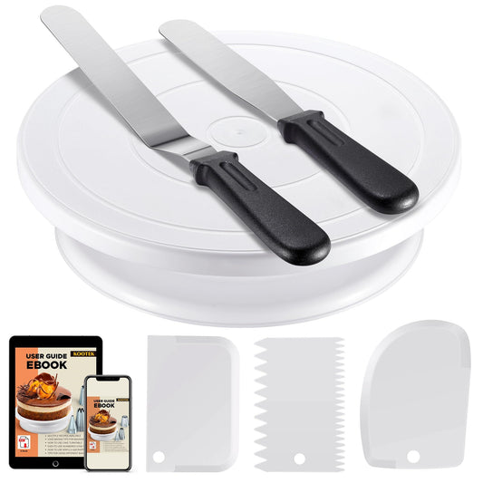 Kootek Cake Decorating Kit Baking Supplies Cake Turntable with 2 Frosting Straight Angled Spatula 3 Icing Smoother Scrapers Baking Accessories Tools for Beginners and Pros, White - CookCave