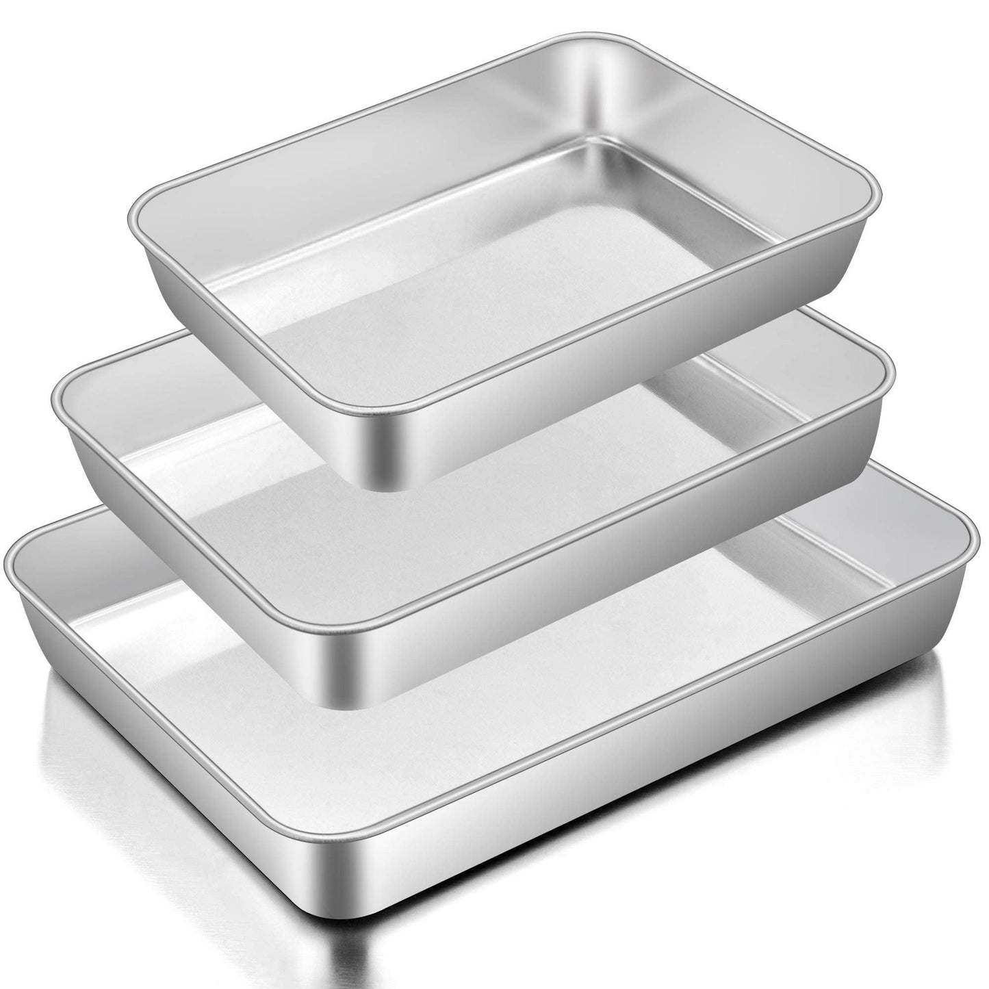 E-far Baking Pans Set of 3, Stainless Steel Sheet Cake Pan for Oven - 12.5/10.5/9.4Inch, Rectangle Bakeware Set for Cake Lasagna Brownie Casserole Cookie, Non-toxic & Healthy, Dishwasher Safe - CookCave