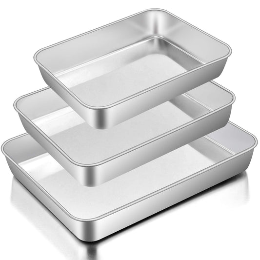 E-far Baking Pans Set of 3, Stainless Steel Sheet Cake Pan for Oven - 12.5/10.5/9.4Inch, Rectangle Bakeware Set for Cake Lasagna Brownie Casserole Cookie, Non-toxic & Healthy, Dishwasher Safe - CookCave