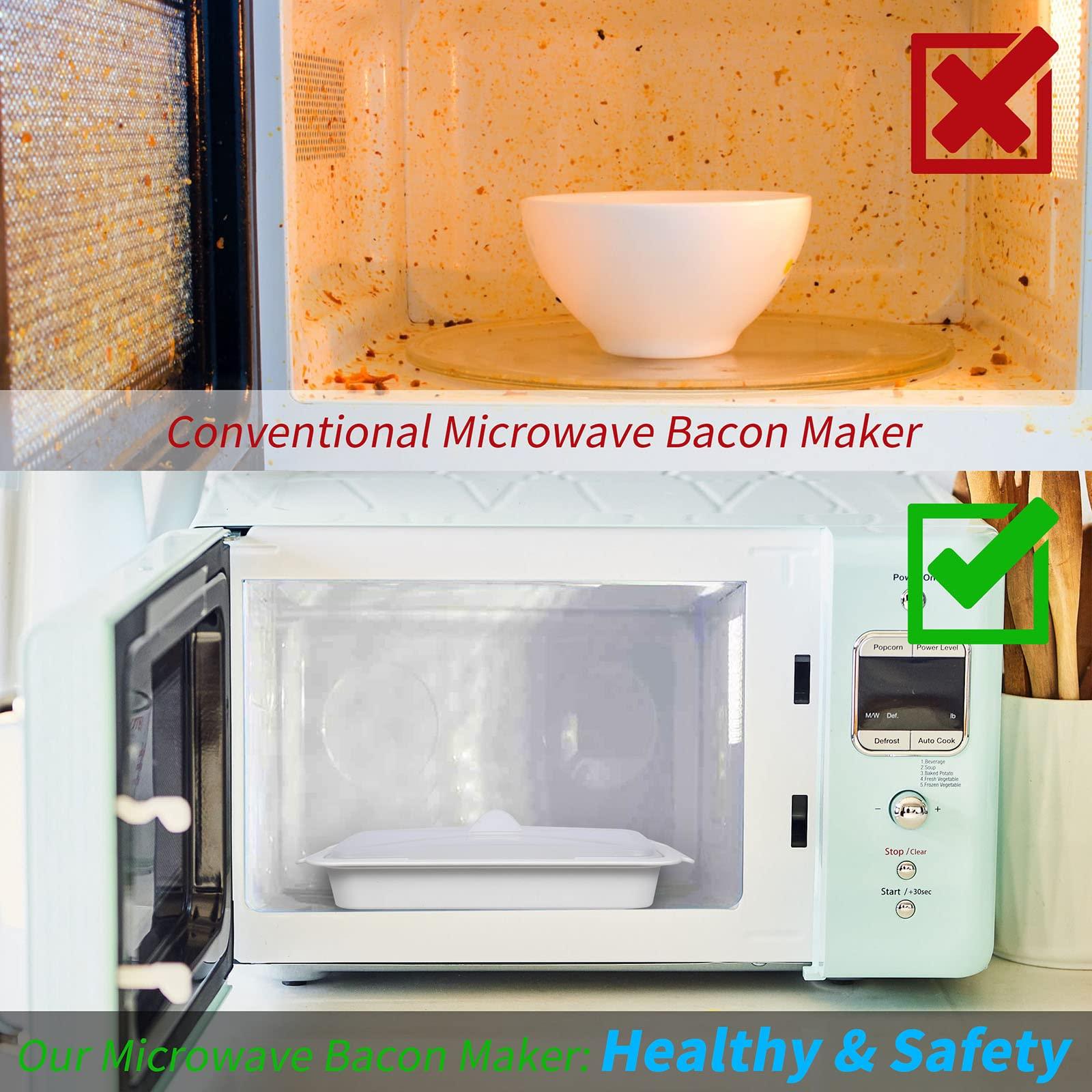 MMUGOOLER Microwave Easy Bacon Maker/Cooker with Lid, Safety, Quick and with No Mess, 11.3“ L x 9.0" W x 2.4" H- White - CookCave