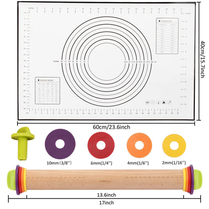 Mepple Rolling Pin with Thickness Rings and Pastry Baking Mat, 13.6" Adjustable Rolling Pin Wood Dough Roller for Baking Cookie Pizza, Comes with Large Silicone Pastry Mat, Kitchen Baking Tools - CookCave