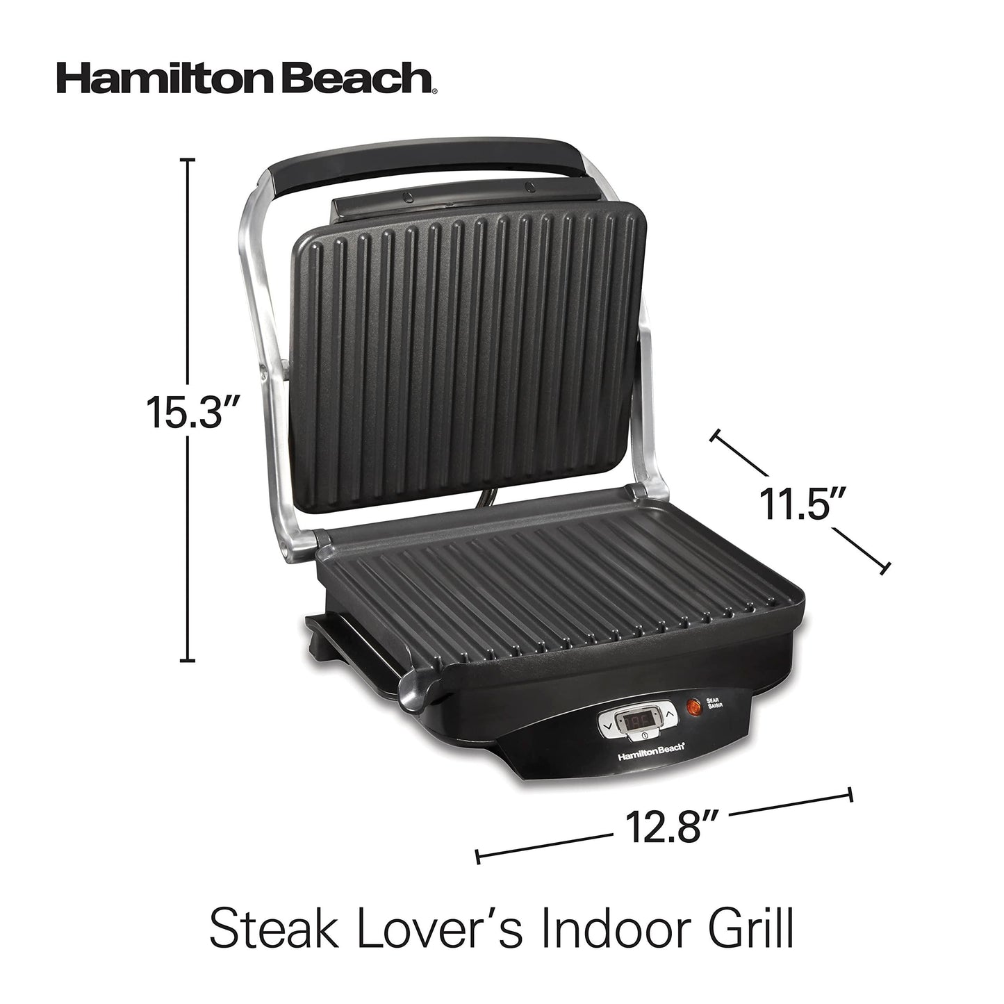 Hamilton Beach Steak Lover's Electric Indoor Searing Grill, Nonstick 100 Square, Stainless Steel (25331), Black and Stainless, Medium - CookCave