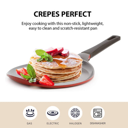 Crepe pan, Neoflam, Ceramic, Nonstick pan, 10 inch, Bakelite Handle, Tawa pan, Griddle, Pancake Maker, Skillet, Omelette, Tortilla, Roti, Naan, Dosa, Lightweight, PFOA free, Red - CookCave