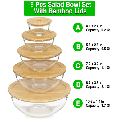 Practical Human Glass Mixing Bowl Set with Bamboo Lids-Nesting Bowls- Stackable and Space saving design- Microwave and oven safe. - CookCave