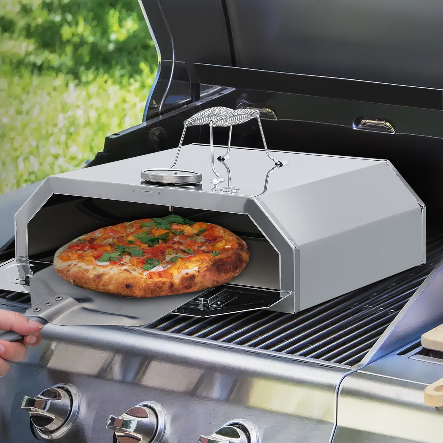 MoNiBloom 15-Inch Outdoor Pizza Oven Portable Stainless Steel Charcoal Pizza Maker Cooking Grill with Built-in Thermometer for Outside, Backyard, Party, Camping - CookCave