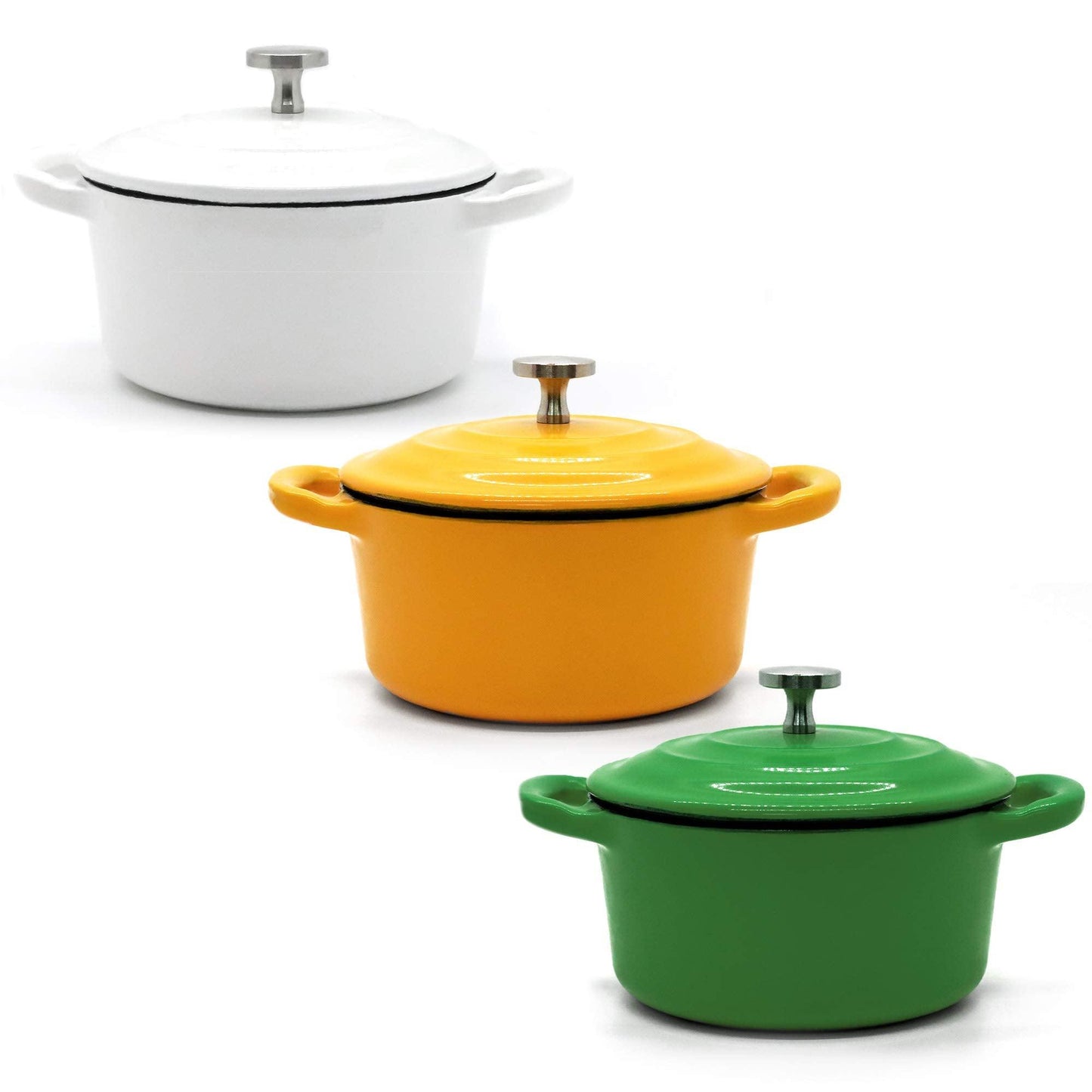 RJ Legend 8.5 oz. Mini Cocotte with Lid, Set of 3 Small Dutch Oven for Baking, Enameled Cast Iron Ramekin, 0.25 Quart, Green/White/Yellow, 3 Piece - CookCave