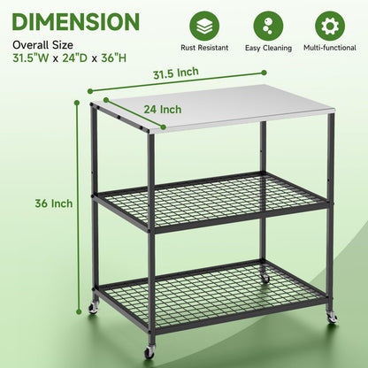 Homezelle Outdoor Grill Cart Three-Shelf Grill Table with Wheels Stainless Steel Movable Pizza Oven Stand Trolley Food Prep and Work Cart Table 31.5"×24"×35.5" - CookCave