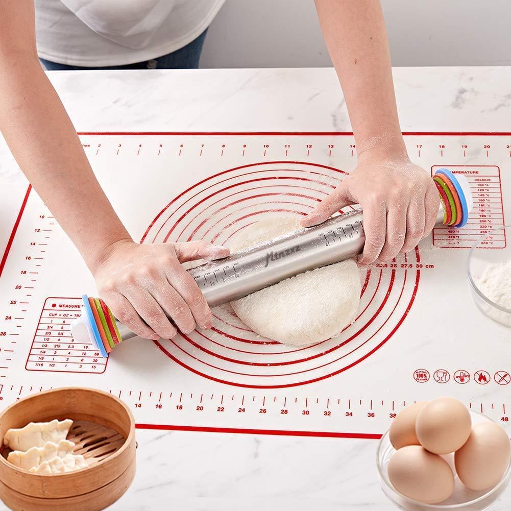 Rolling Pin and Silicone Baking Pastry Mat Set, Stainless Steel Dough Roller with Adjustable Thickness Rings, for Pizza, Pie, Pastries, Pasta, Cookies - CookCave