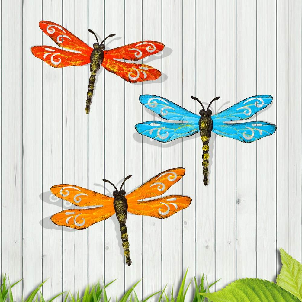 Scwhousi Metal Dragonfly Wall Decor Outdoor Garden Fence Art,Hanging Decorations for Living Room, Bedroom, 3 Pack - CookCave