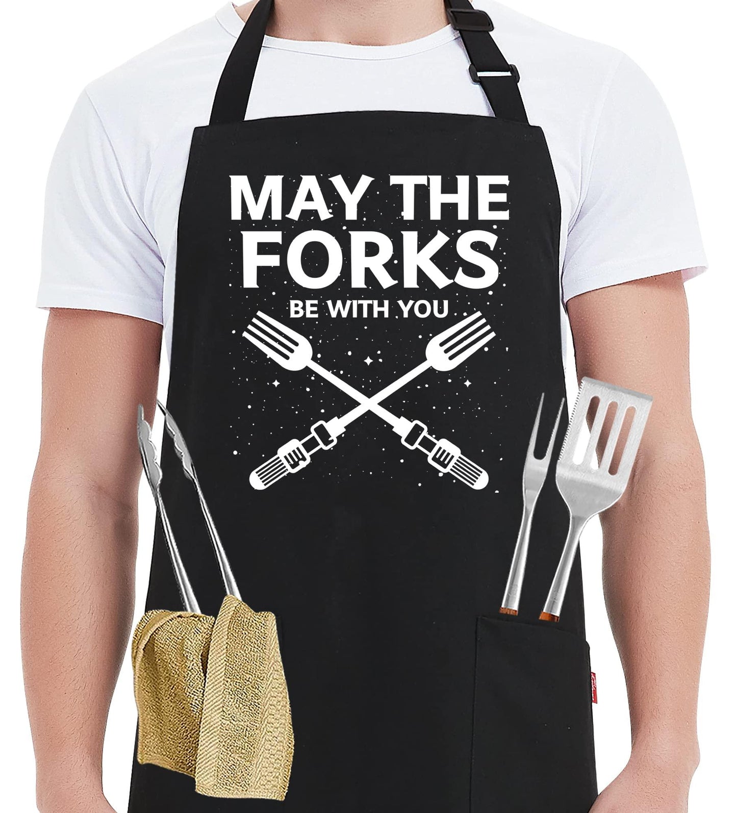 Kaidouma Funny Grill Aprons for Men - May The Forks Be With You - Men’s Funny Chef Cooking Grilling BBQ Aprons with 2 Pockets - Birthday Father’s Day Christmas Gifts for Dad, Husband, Movie Fans - CookCave