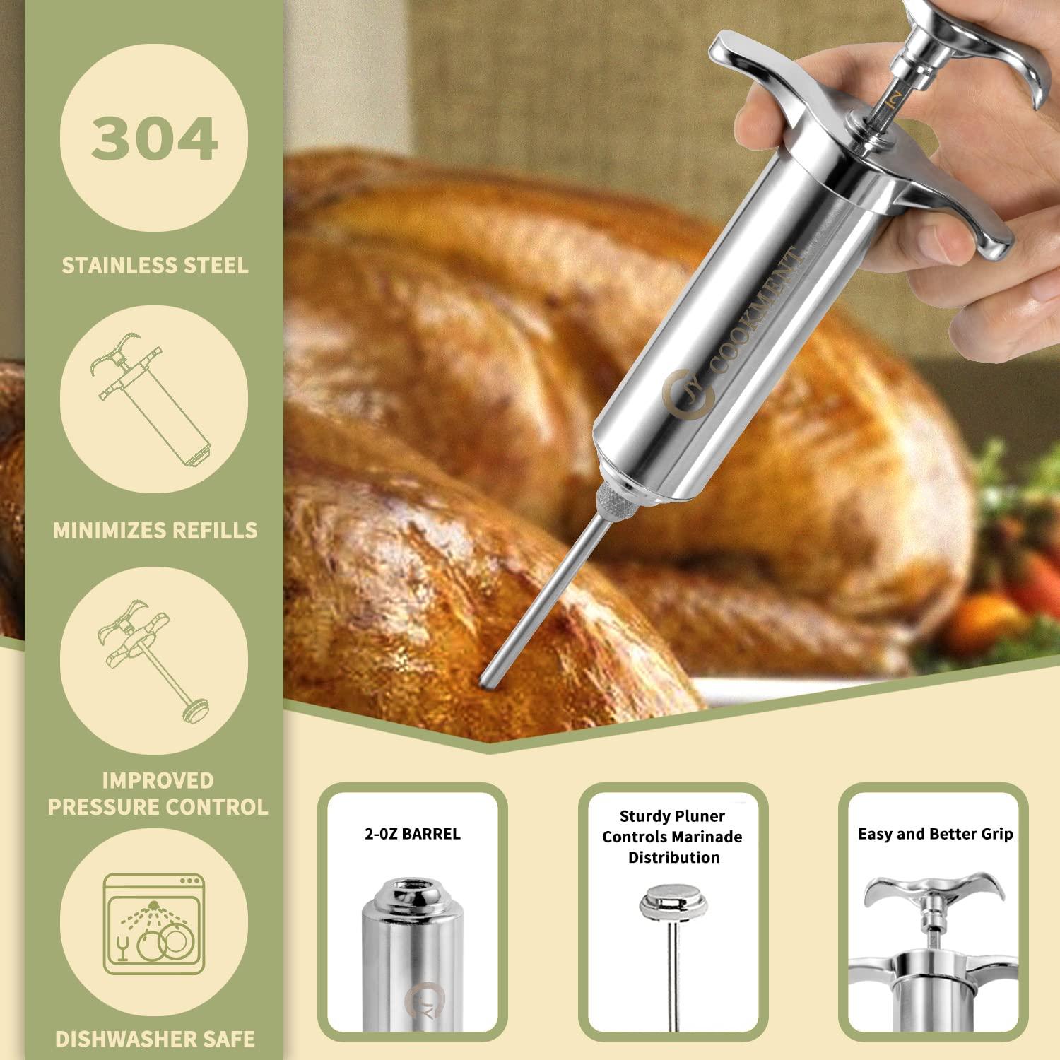 Meat Injector Syringe 2-oz Marinade Flavor Barrel 304 Stainless Steel with 3 Marinade Needles, Travel Case for BBQ Grill Smoker, Turkey, Brisket, Paper Instruction and E-book Included by JY COOKMENT - CookCave