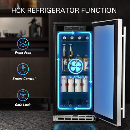 HCK Beverage Refrigerator Under Counter Fridge 15 Inch,3.18 Cu.Ft Built-in or Freestanding,Single Door Stainless Steel Reversible Door,Indoor or Outdoor for Home and Commercial Use BC-90-BLK - CookCave