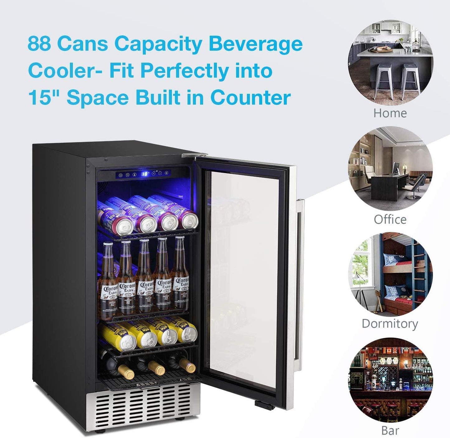 Antarctic Star 15 Inch Beverage Refrigerator Under Counter Built-in Wine Cooler Mini Fridge Clear Glass Door Digital Memory Temperature Control, Beer Soda LED Light, Quiet Operation (15 Inch) - CookCave