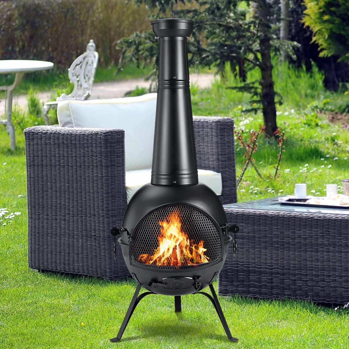 SINGLYFIRE Prairie Fire Outdoor Chiminea Fireplace Deck or Patio Backyard Wooden Fire Pit with Chiminea Cover Rust-Free Iron Black - CookCave