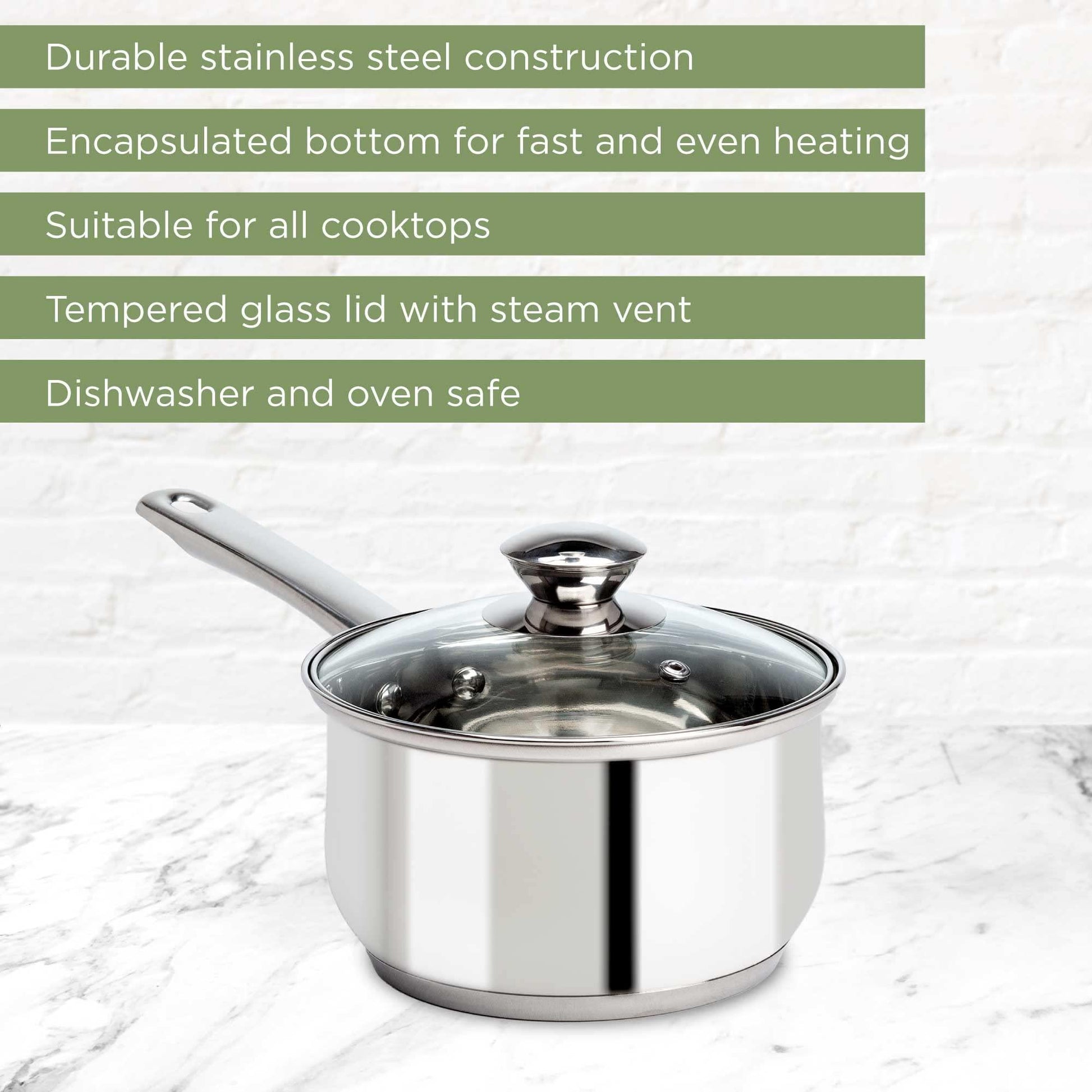 Ecolution Stainless Steel Sauce Pan with Encapsulated Bottom Matching Tempered Glass Steam Vented Lids, Made Without PFOA, Dishwasher Safe, 2-Quart, Silver - CookCave