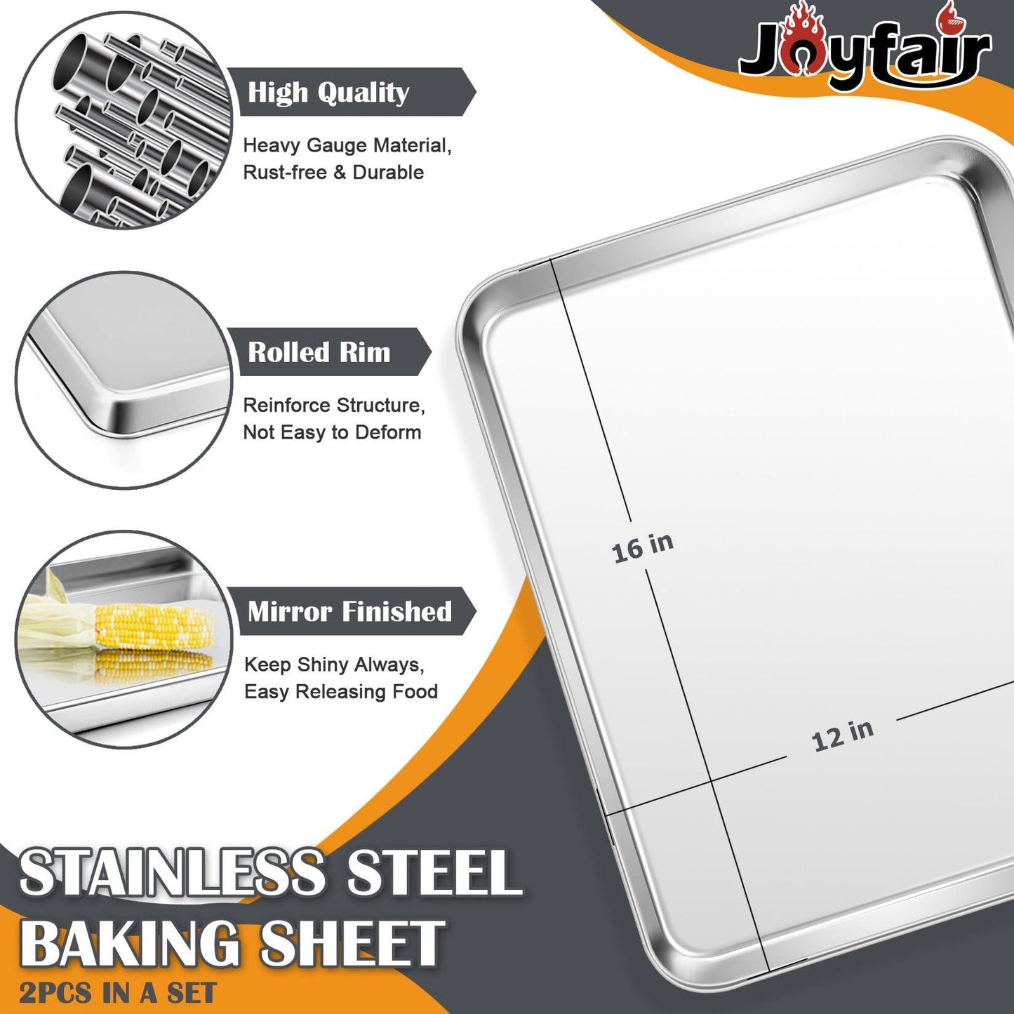 2Pcs Baking Sheet Pan Set (16inch), Joyfair Stainless Steel Large Cookie Sheets, Commercial Metal Pans Tray Oven Bakeware for Jelly Roll/Bread/Bacon, Non Toxic & Healthy, Rust-free & Dishwasher Safe - CookCave