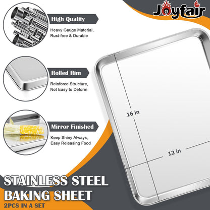 2Pcs Baking Sheet Pan Set (16inch), Joyfair Stainless Steel Large Cookie Sheets, Commercial Metal Pans Tray Oven Bakeware for Jelly Roll/Bread/Bacon, Non Toxic & Healthy, Rust-free & Dishwasher Safe - CookCave