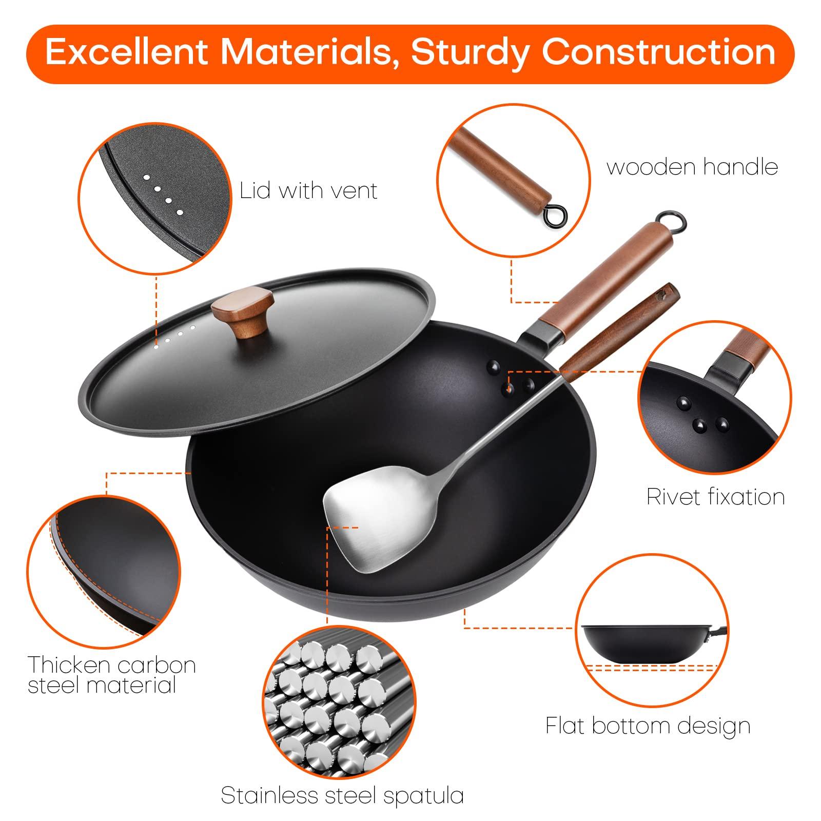 Eleulife Carbon Steel Wok, 13 Inch Wok Pan with Lid and Spatula, Nonstick Woks and Stir-fry Pans, No Chemical Coated Flat Bottom Chinese Wok for Induction, Electric, Gas, All Stoves - CookCave